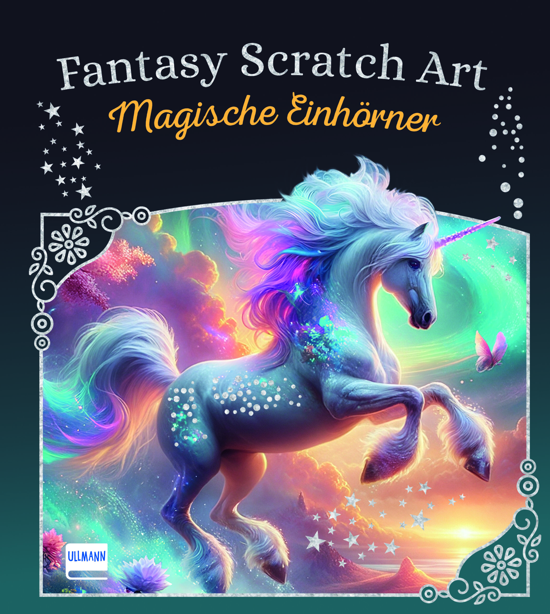 Magisches Einhorn in fantasievoller Landschaft mit bunten Farben und schimmernden Effekten.