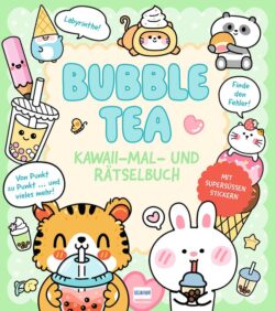 Niedliches Cover des "Bubble Tea Kawaii-Mal- und Rätselbuchs" mit fröhlichen Tierfiguren, die Bubble Tea und Süßigkeiten genießen.