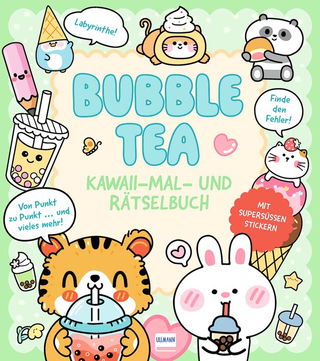 Niedliches Cover des "Bubble Tea Kawaii-Mal- und Rätselbuchs" mit fröhlichen Tierfiguren, die Bubble Tea und Süßigkeiten genießen.