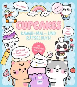 Kawaii-Mal- und Rätselbuch mit Cupcakes, niedlichen Tieren und Stickern.