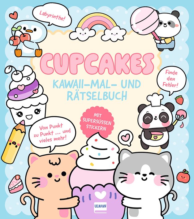 Kawaii-Mal- und Rätselbuch mit Cupcakes, niedlichen Tieren und Stickern.