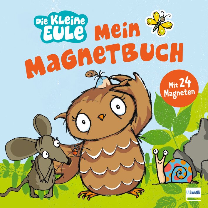 Die kleine Eule und ihre Freunde auf dem Cover des Magnetbuchs mit 24 Magneten, farbenfrohe Illustrationen von Eule, Maus und Schnecke.