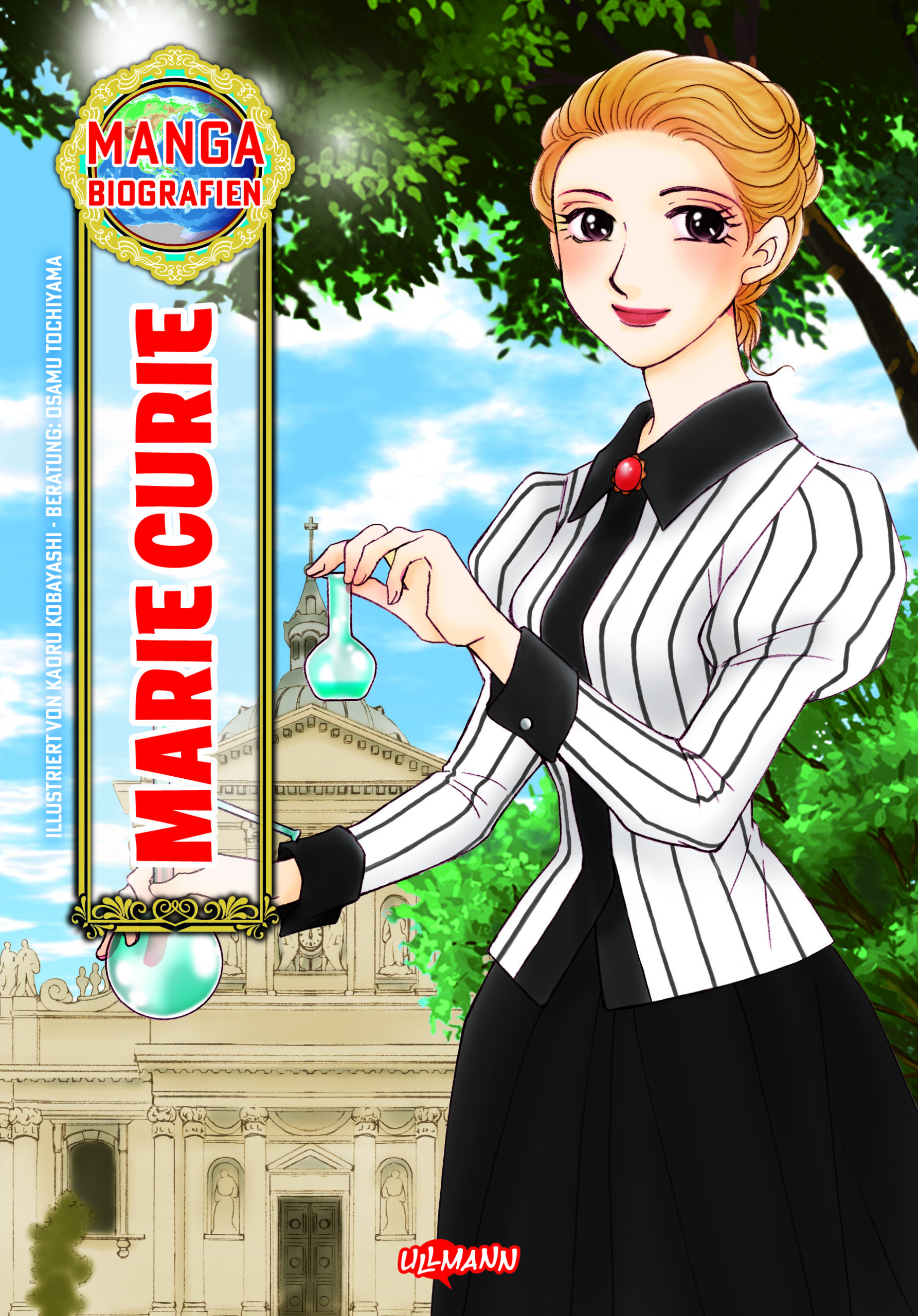 Marie Curie hält ein Reagenzglas in einem Manga-Cover, umgeben von einer grünen Landschaft und einem historischen Gebäude im Hintergrund.