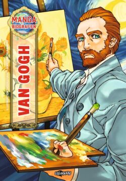 Manga-Biografie von Vincent van Gogh, illustriert mit lebendigen Farben und dem Künstler, der mit Pinsel und Palette arbeitet.