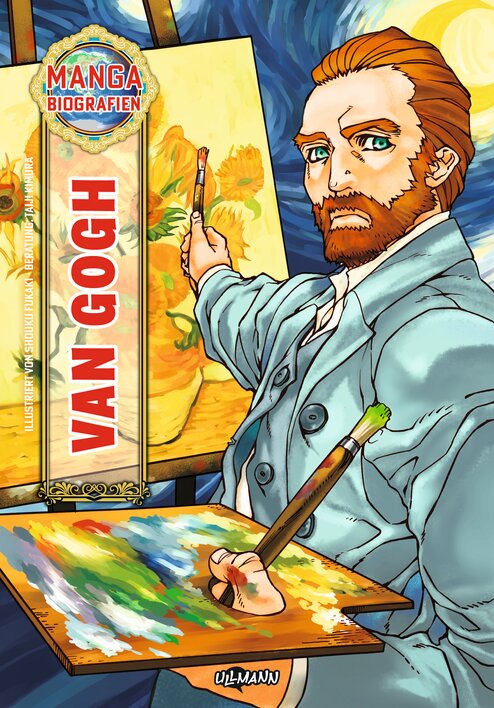 Manga-Biografie von Vincent van Gogh, illustriert mit lebendigen Farben und dem Künstler, der mit Pinsel und Palette arbeitet.