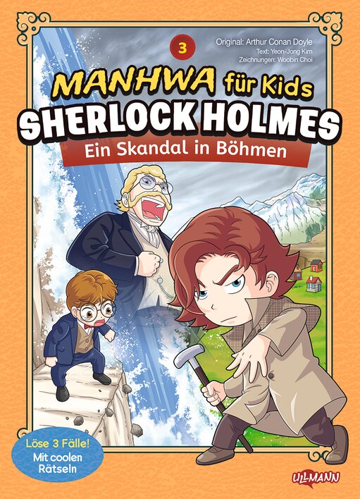 Manhwa für Kids: Sherlock Holmes, Ein Skandal in Böhmen, mit cartoonhaften Charakteren und spannenden Rätseln.