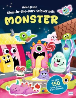 Eine bunte und fantasievolle Buchcover-Illustration mit verschiedenen niedlichen Monstern und leuchtenden Stickern, die in einer fröhlichen Umgebung spielen.