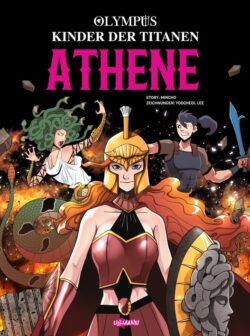 Athene, die griechische Göttin der Weisheit, steht im Vordergrund, umgeben von mythologischen Kreaturen und kämpfenden Charakteren, in einem dynamischen Comic-Stil.