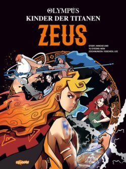 Comic-Cover "Olympus: Kinder der Titanen - Zeus" mit Zeus und weiteren mythologischen Charakteren in dynamischer Pose.