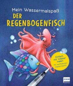 Buntes Kinderbuchcover mit dem Titel "Der Regenbogenfisch", featuring einen fröhlichen Fisch und einen Octopus, umgeben von Wasserblasen und einem Wasserpinsel.
