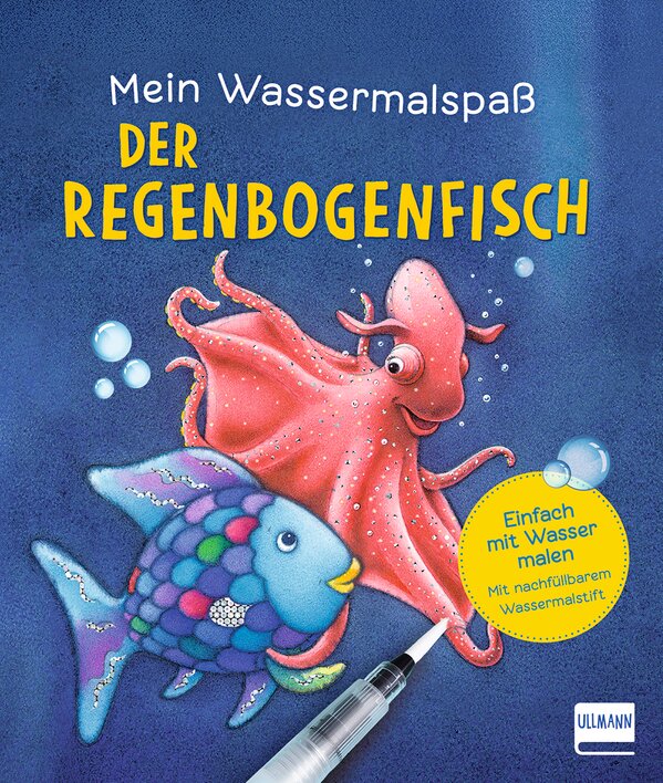 Buntes Kinderbuchcover mit dem Titel "Der Regenbogenfisch", featuring einen fröhlichen Fisch und einen Octopus, umgeben von Wasserblasen und einem Wasserpinsel.