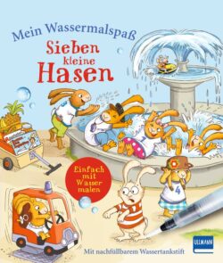 Sieben fröhliche Hasen spielen am Brunnen und malen mit Wasserfarben in einem bunten Kinderbuch.