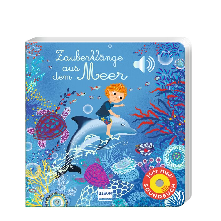 Buchcover "Zauberklänge aus dem Meer" mit einem Jungen, der auf einem Delfin reitet, umgeben von bunten Meeresbewohnern und Korallen.