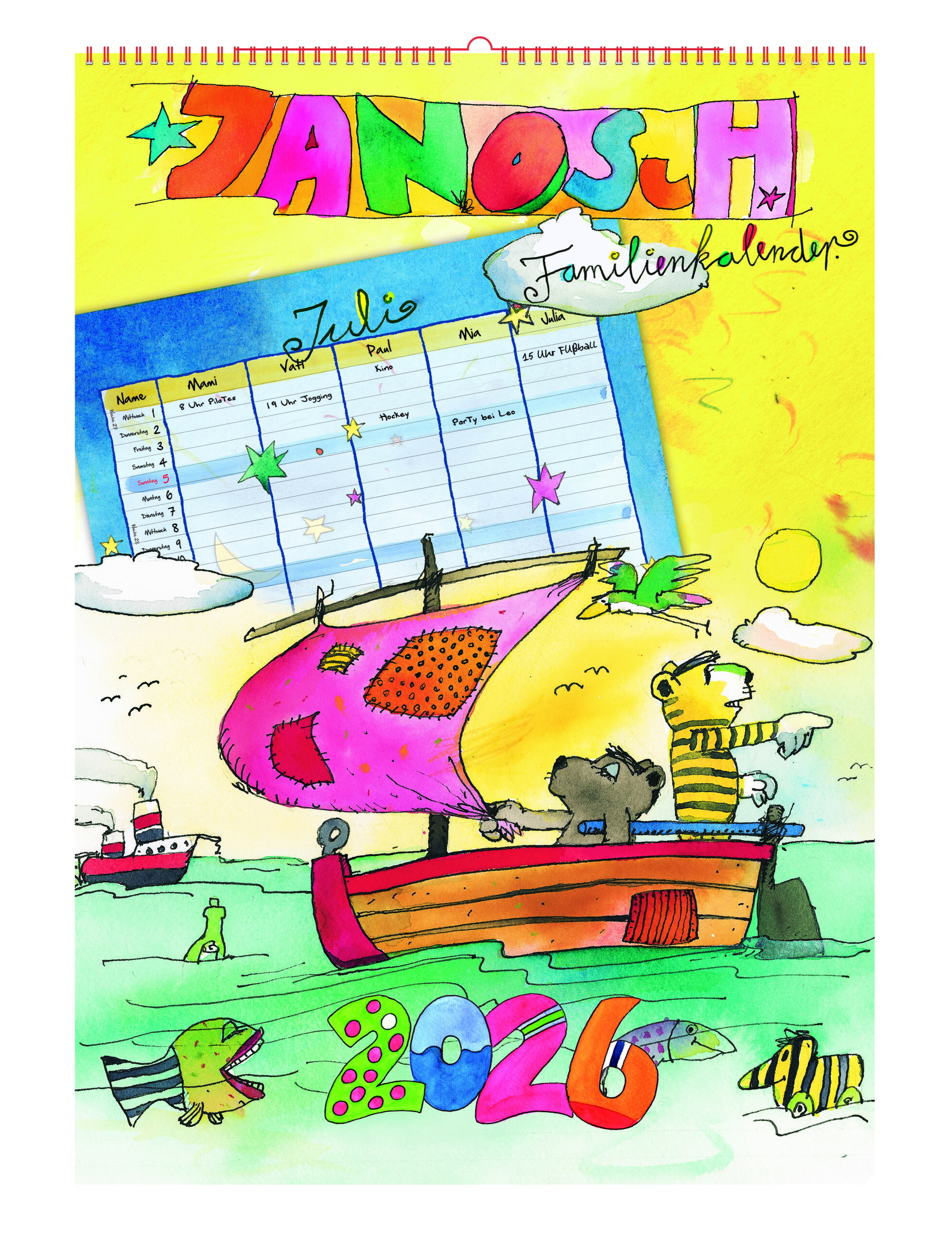 Janosch Familienkalender 2026 mit buntem Design, Schiff und tierischen Charakteren im Wasser.