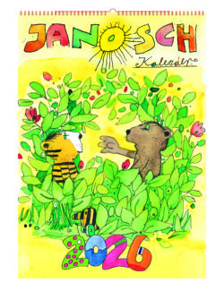 Janosch Kalender 2026 mit bunten Illustrationen von Tieren in einer grünen Landschaft.