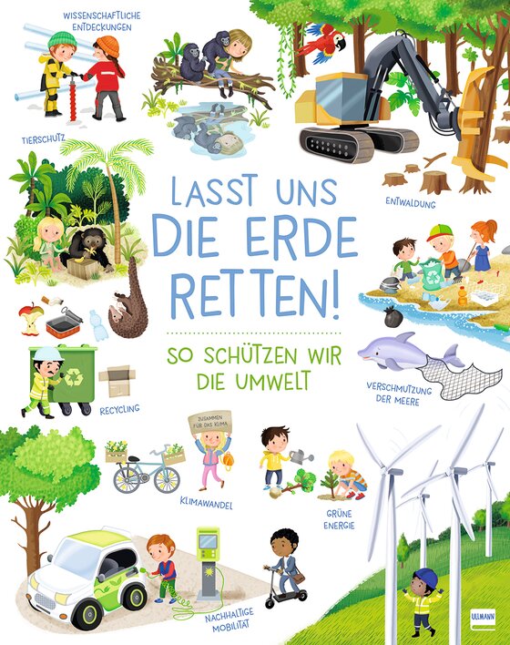 Lasst uns die Erde retten! Illustration über Umweltschutz, Recycling, Klimawandel und nachhaltige Mobilität.