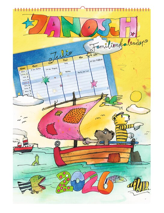Bunt illustrierter Familienkalender von Janosch für Juli 2026 mit einem Schiff, tierischen Charakteren und einem übersichtlichen Monatslayout.