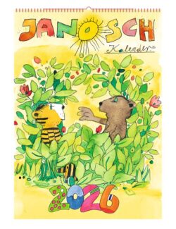 Janosch Kalender 2026 mit bunten Illustrationen von Tieren in einer grünen Umgebung.