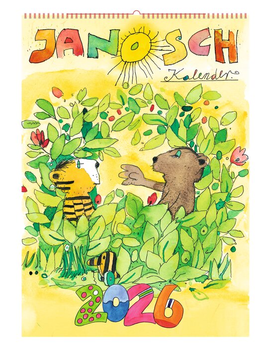 Janosch Kalender 2026 mit bunten Illustrationen von Tieren in einer grünen Umgebung.