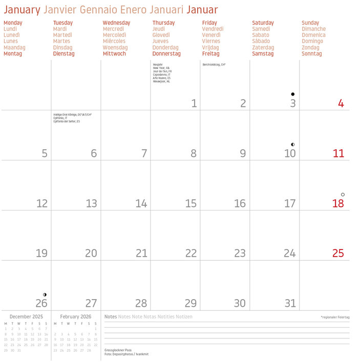 Kalender für Januar 2026 mit Wochentagen in mehreren Sprachen und markierten Daten.