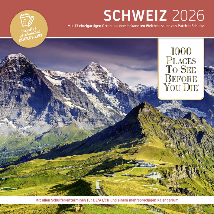 Schweizer Alpenlandschaft mit majestätischen Bergen und grünen Wiesen, auf dem Cover des Kalenders "Schweiz 2026".