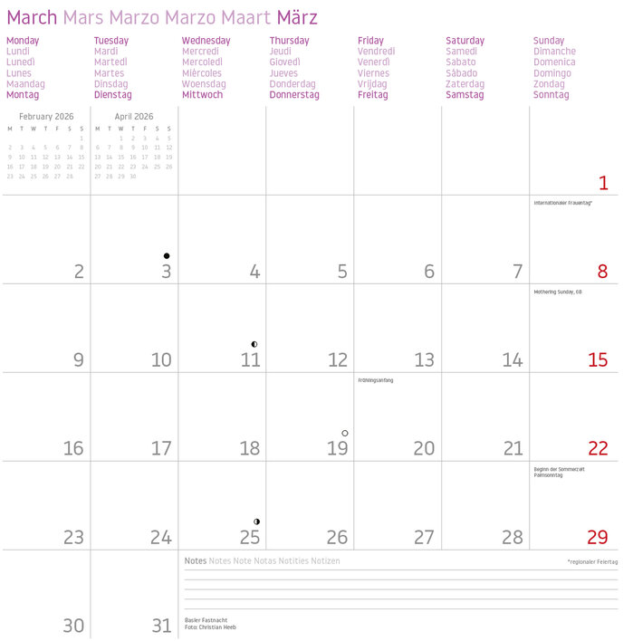 Kalender für März 2026 mit Wochenübersicht und Feiertagen.