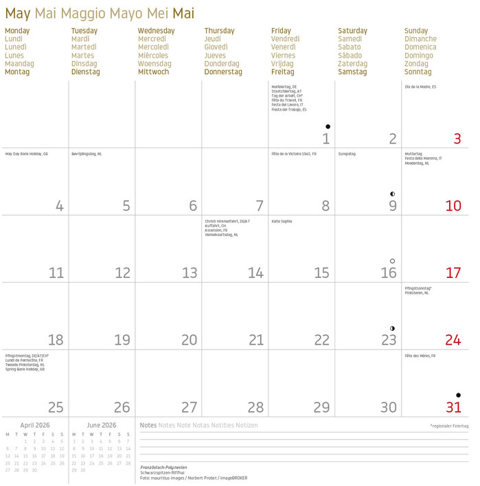 Kalender für Mai 2026 mit Feiertagen und Notizen in mehreren Sprachen.