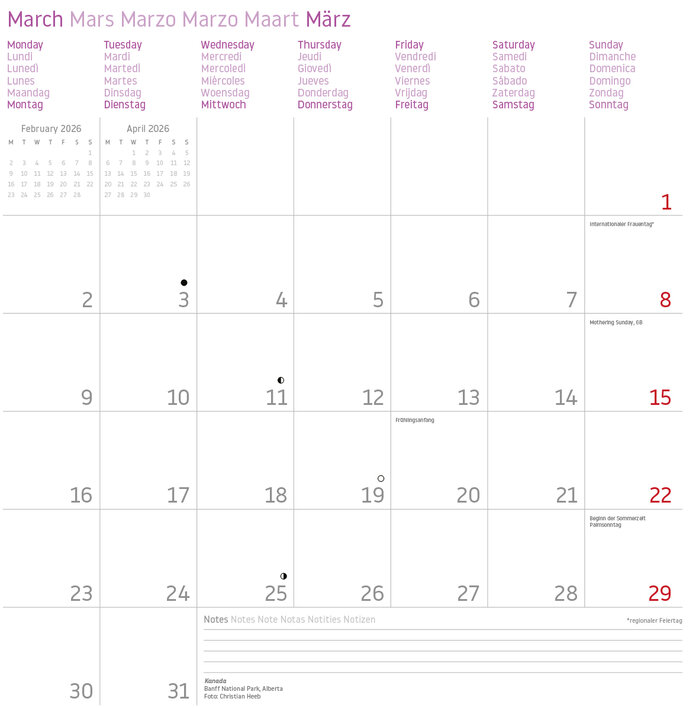 Kalender für März 2026 mit markierten Feiertagen und Notizfeldern.