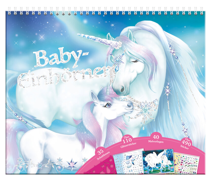 Ein wunderschönes Malbuch mit Baby-Einhörnern, das 35 Schablonen, über 110 Glitzersticker und 40 Malvorlagen bietet.