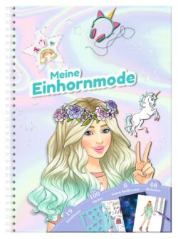 Ein kreatives Malbuch mit dem Titel "Meine Einhornmode", das eine stilisierte junge Frau mit langen, blonden Haaren und einem Blumenkranz zeigt, umgeben von bunten Illustrationen und Bastelmaterialien.