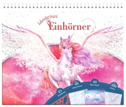 Wunderschönes Einhorn mit glitzerndem Hintergrund und kreativen Mal- und Stickeroptionen für Kinder.