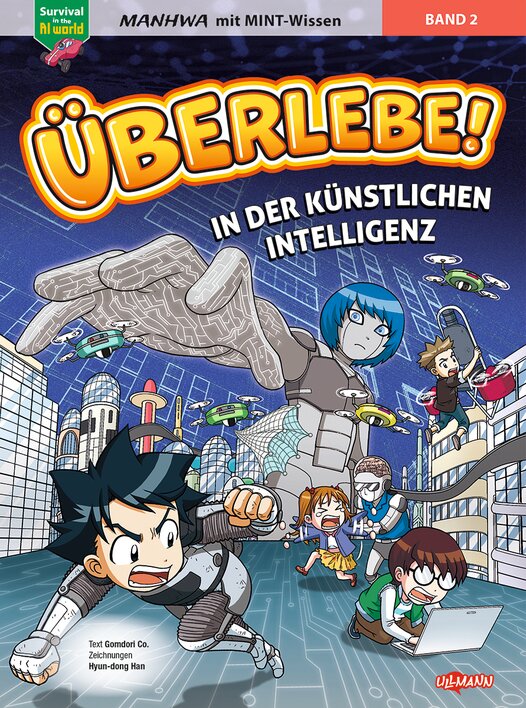 Comic-Cover von "Überlebe! in der künstlichen Intelligenz" mit Abenteuern in einer futuristischen Stadt, featuring Charaktere, die gegen Roboter kämpfen.