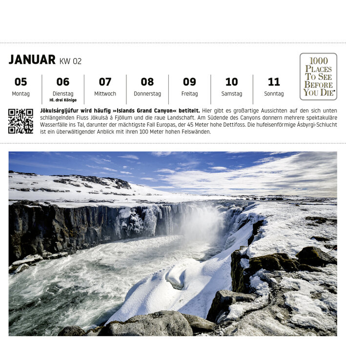 Jökulsárgljúfur mit Dettifoss Wasserfall und schneebedeckten Felsen in Island.