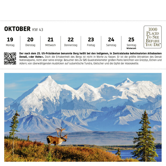 Ein Rentier vor schneebedeckten Bergen im Denali-Nationalpark, Alaska, umgeben von Tundra und Bäumen.