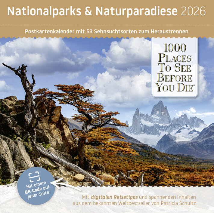 Postkartenkalender "Nationalparks & Naturparadiese 2026" mit atemberaubenden Landschaften und Sehenswürdigkeiten, inklusive QR-Code für digitale Reisetipps.