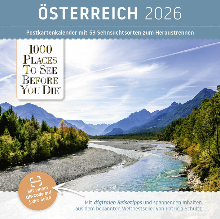 Österreich 2026 Postkartenkalender mit Berglandschaft, Fluss und QR-Code für digitale Reisetipps.