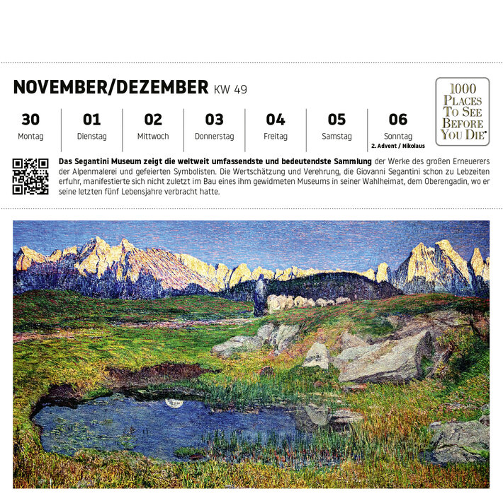 Alpenlandschaft mit reflektierendem See und majestätischen Bergen im Hintergrund, inspiriert von Giovanni Segantini.