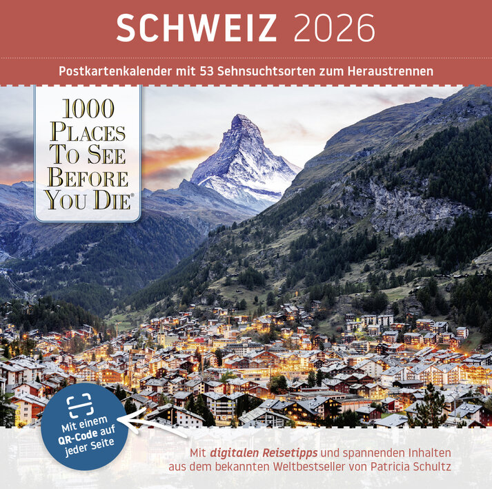 Postkartenkalender Schweiz 2026 mit Matterhorn und Zermatt im Hintergrund, inklusive QR-Code für digitale Reisetipps.