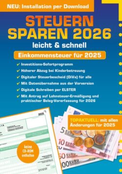 Steuern sparen 2026: Cover des Ratgebers für Einkommensteuer 2025 mit Informationen zu digitalen Steuerbescheiden und Abzügen.