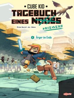 Cover des Buches "Tagebuch eines Kriegers: Ärger im Ende" von Cube Kid, mit zwei Charakteren in einer Minecraft-ähnlichen Welt, umgeben von feindlichen Figuren.