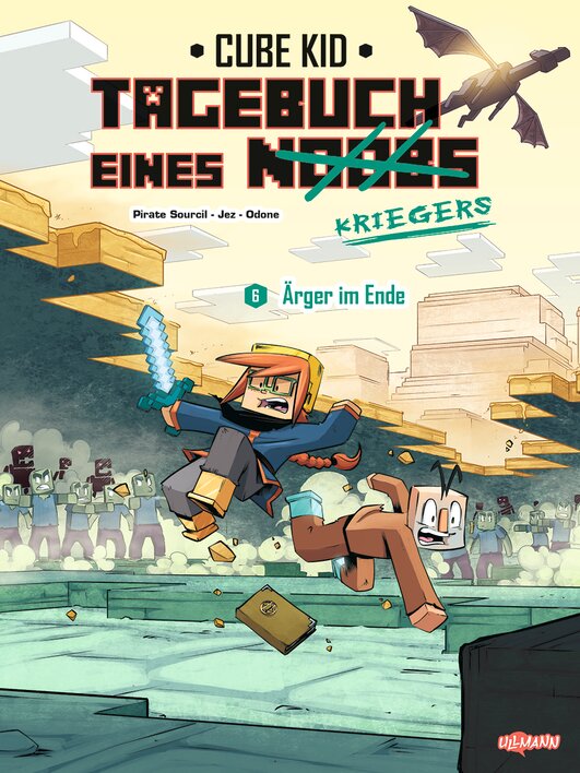 Cover des Buches "Tagebuch eines Kriegers: Ärger im Ende" von Cube Kid, mit zwei Charakteren in einer Minecraft-ähnlichen Welt, umgeben von feindlichen Figuren.