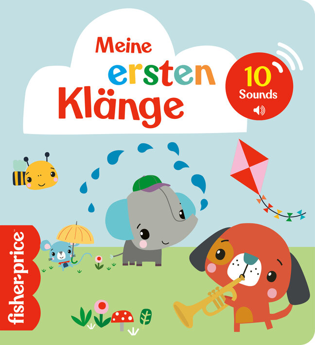 Buchcover "Meine ersten Klänge" von Fisher-Price mit einem Elefanten, einem Hund und bunten Elementen, die verschiedene Geräusche darstellen.
