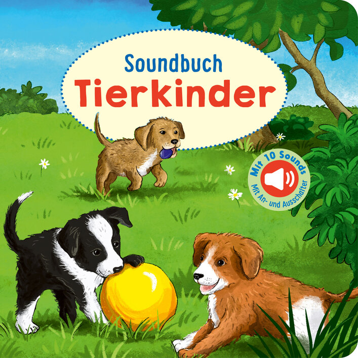 Soundbuch "Tierkinder" mit zwei spielenden Welpen im Grünen, das 10 Sounds enthält.