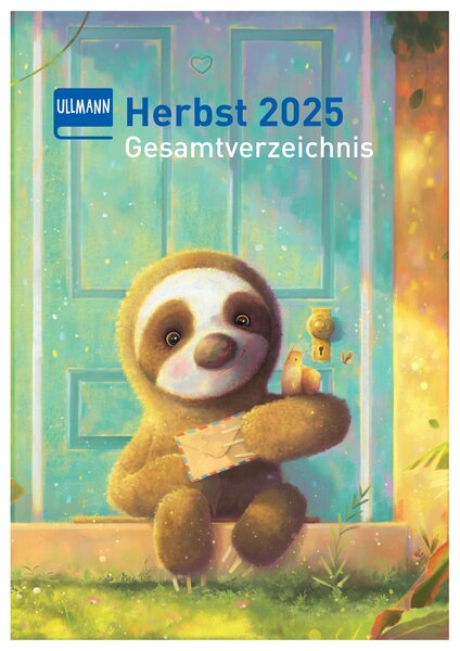 Süßes Faultier mit Brief vor einer bunten Tür, Herbst 2025 Gesamtkatalog von Ullmann.