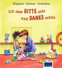 Illustration aus dem Kinderbuch "Ich sage BITTE sehr und DANKE schön" mit einem Jungen und einem Mädchen, die freundlich miteinander interagieren.