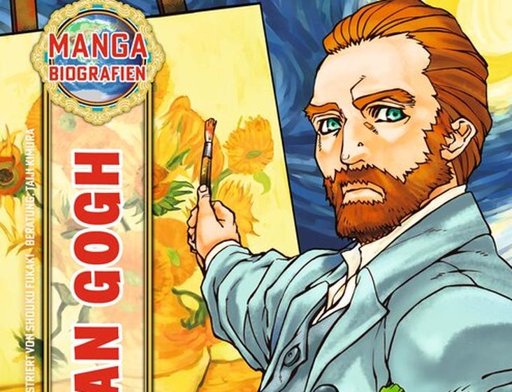Vincent van Gogh im Manga-Stil, mit Pinsel in der Hand und Sonnenblumen im Hintergrund.