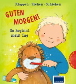 Ein Junge putzt einem Bären die Zähne in einem bunten Kinderbuch mit dem Titel "Guten Morgen! So beginnt mein Tag".
