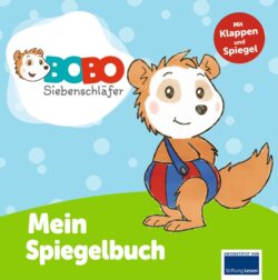 Bobo Siebenschläfer auf dem Cover seines Spiegelbuchs mit buntem Hintergrund und Klappen.