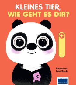 Panda mit einem Kuscheltier auf einem bunten Hintergrund, Titel des Buches: "Kleines Tier, wie geht es dir?"