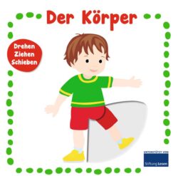 Ein Junge interagiert mit einem Spielbuch über den menschlichen Körper, das interaktive Elemente zum Drehen, Ziehen und Schieben enthält.
